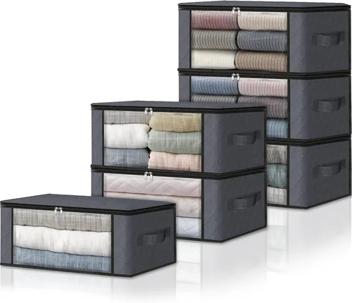 Miniatura 16 de HomeHacks Paquete de 3 bolsas organizadoras de ropa, caja de almacenamiento plegable con gran ventana transparente y asas resistentes para armario