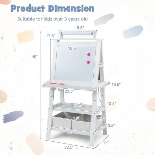 Miniatura 7 de Costzon Caballete de arte para niños, caballete de pintura de doble cara 3 en 1 con pizarra blanca magnética, pizarra y rollo de papel, estante