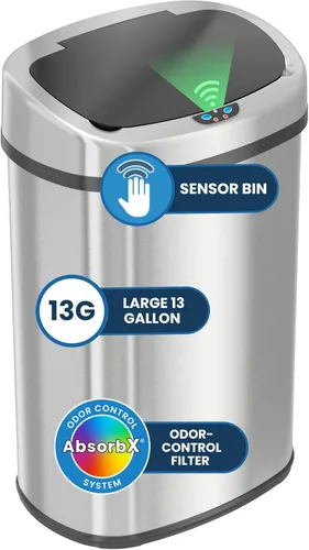iTouchless - Cubo de basura con sensor sin contacto y sistema de control de olores, forma ovalada, cubo de 13 galones y acero inoxidable para cocina