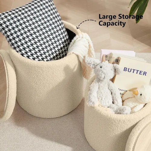 Miniatura 4 de Royal Windsor Boucle - Juego de 2 otomanas redondas con almacenamiento, taburete pequeño para sala de estar, mesa de centro pequeña, taburete