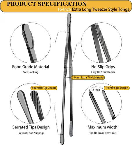 Miniatura 2 de JETKONG 2 Piezas Pinzas de Servir Resistentes de 16 Pulgadas, Pinzas Finas de Cocina Extra Largas Pinzas de Precisión para Cocina Grandes de Acero