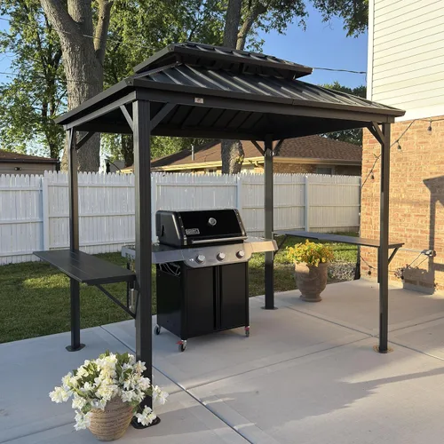 Miniatura 39 de PURPLE LEAF Glorieta de 6' X 8' con techo rígido para parrilla de patio, glorieta de barbacoa de aluminio con toldo, 24 bombillas LED transparentes
