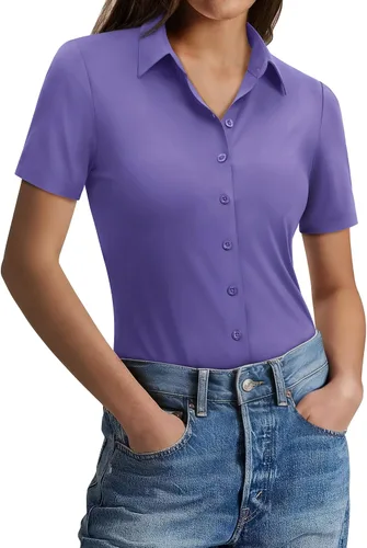 Miniatura 14 de Gleeivy Camisas con botones para mujer, ajustadas, de manga corta, elásticas, para el trabajo, sin arrugas, blusas de oficina