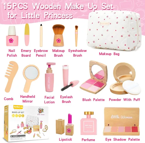 Miniatura 6 de Juego de juguetes de maquillaje de madera para niñas, kit cosmético realista con lápiz labial y espejo, regalo de juego de simulación para niños
