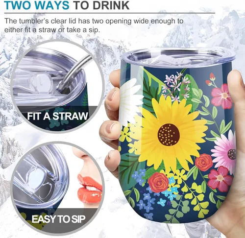 Miniatura 4 de NymphFable Vaso de vino de flores de 12 onzas con popote y tapa, vaso de vino de acero inoxidable, taza de viaje aislada de doble pared