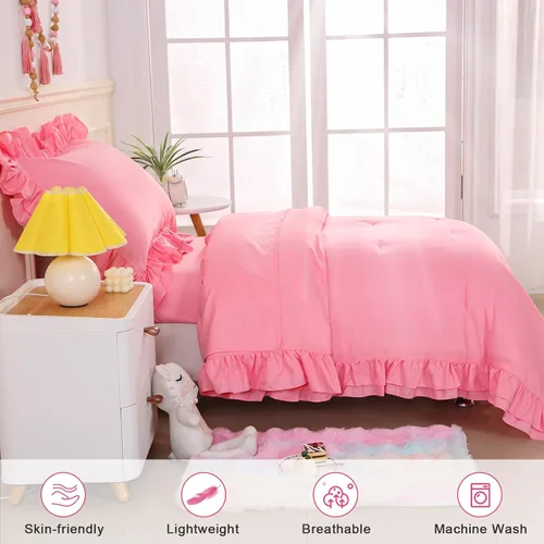 Miniatura 3 de Juego de ropa de cama para niñas pequeñas, 4 piezas con volantes dobles, suave y transpirable, juego de ropa de cama para cuna, incluye edredón Rosa