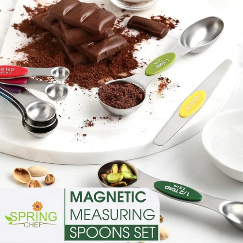 Miniatura 7 de Spring Chef Juego de 8 cucharas medidoras magnéticas de acero inoxidable multicolor con nivelador, cucharadita de metal anidable y cucharadas Varios
