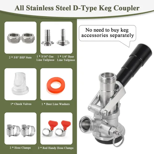 All 304 Stainless Steel D System Keg Coupler, Beer Tap Coupler with 1/4’’ Beer Line Barb & 5/16’’ Gas Line Barb, Heavy Duty US D Sankey Coupler for