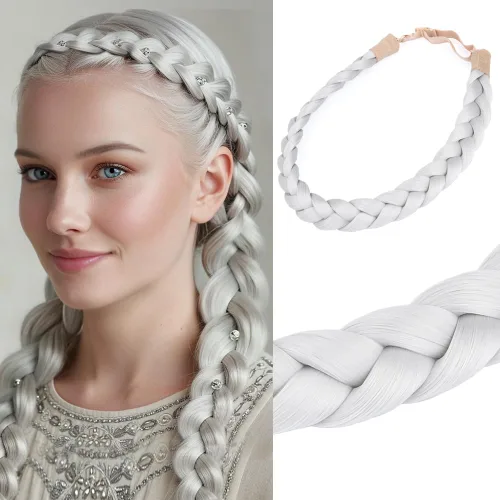 Miniatura 35 de Diadema clásica de cabello sintético trenzado, trenzas gruesas y anchas, extensión de cabello con elástico para mujeres y niñas, accesorio