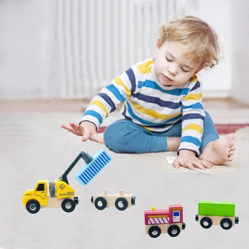 Miniatura 7 de Juego de trenes de madera con grúa, juguetes de tren magnético para pistas de tren de madera, conjuntos de trenes para niños pequeños y niños de 3