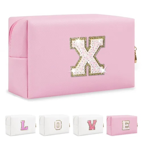 Miniatura 62 de Pequeña bolsa de maquillaje personalizada con inicial A-Z Preppy Patch, bolsa de cosméticos de viaje de felpilla blanca con cremallera, bonita bolsa