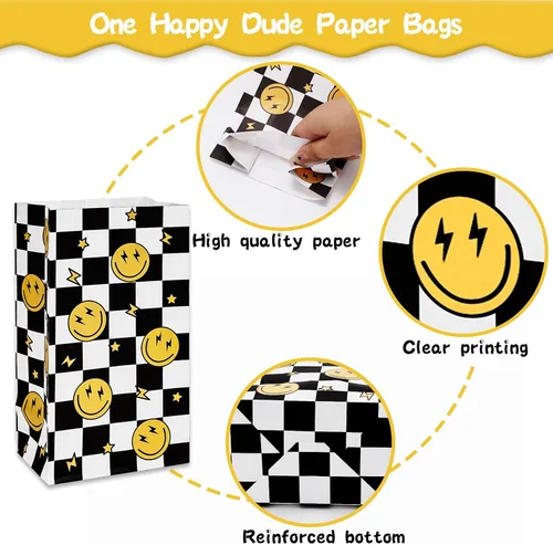 Miniatura 3 de AnyDesign 24 bolsas de regalo para fiesta de cumpleaños de un día feliz, bolsas de regalo con etiquetas adhesivas, bolsas de regalo a cuadros