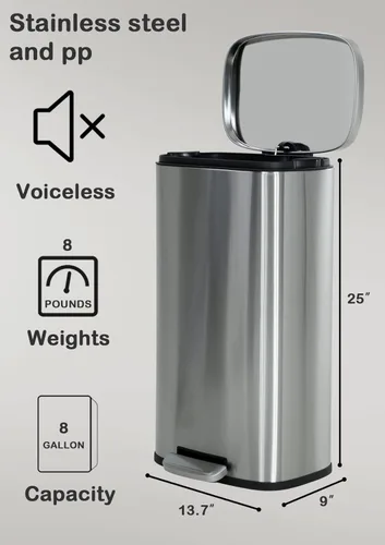 Miniatura 6 de Basurero de cocina de 8 galones con tapa, a prueba de huellas dactilares, de acero inoxidable, con pedal y papelera extraíble para oficina, hogar