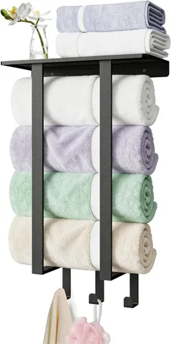 Toalleros para baño, toallero con estante y 3 ganchos, soportes de almacenamiento de toallas de pared para toallas de baño enrolladas, color negro