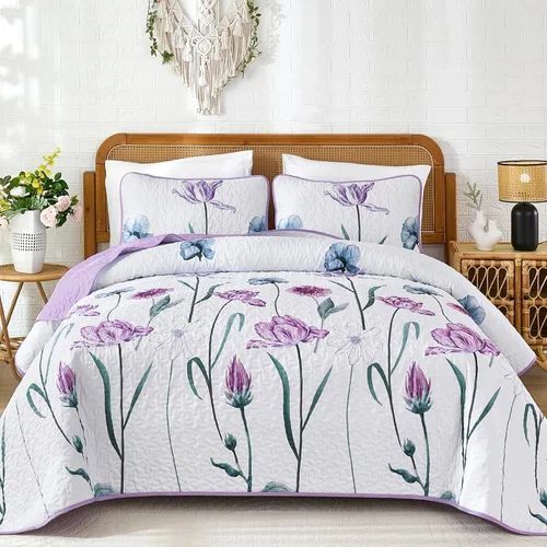 Miniatura 13 de WONGS BEDDING - Juego de edredón floral tamaño Queen, edredón botánico verde y amarillo con 2 fundas de almohada, juego de ropa de cama ligera