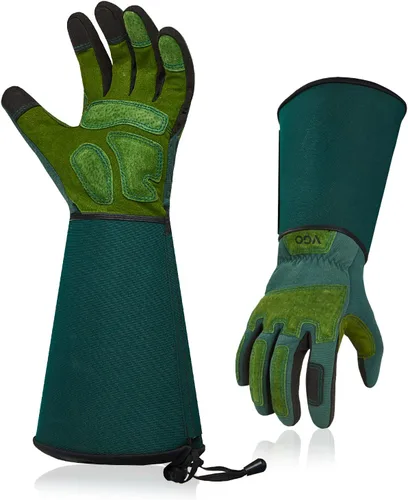 Miniatura 8 de Vgo... Guantes de trabajo de seguridad para hombre, puño extendido de cuero dividido de cerdo, cuero sintético, a prueba de espinas de poda de 1 par