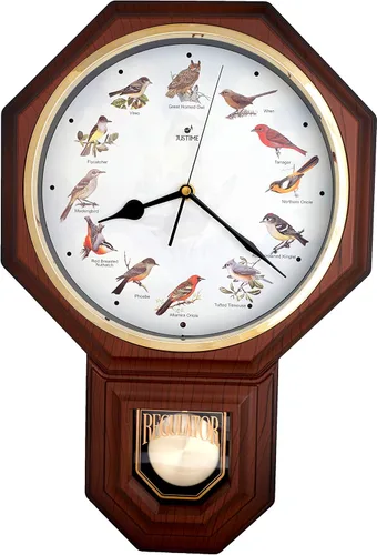 JUSTIME Unique 12 North America Bird's Song Schoolhouse - Reloj de pared con péndulo de campanillas cada hora melodía hecha en Taiwán Madera oscura