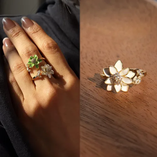 Miniatura 4 de Sonateomber Anillo de oro abierto ajustable con flores de primavera para mujer, moderno y elegante, con circonita cúbica única esmaltada frontal