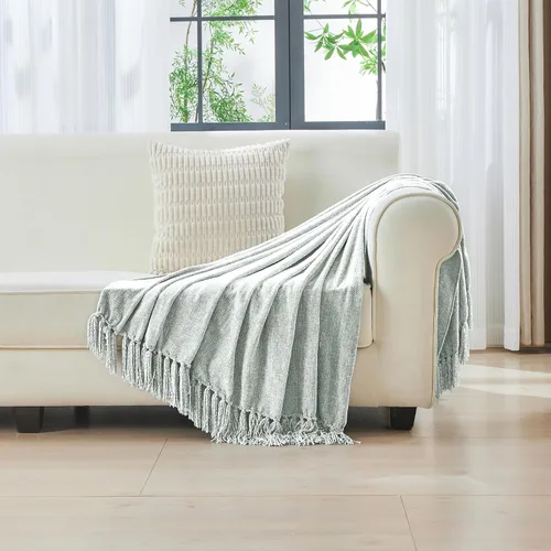 Miniatura 3 de CozeCube Manta de felpilla para sofá, acogedora manta decorativa de felpa azul bebé con borlas de flecos, manta ligera para cama, sofá, regalo