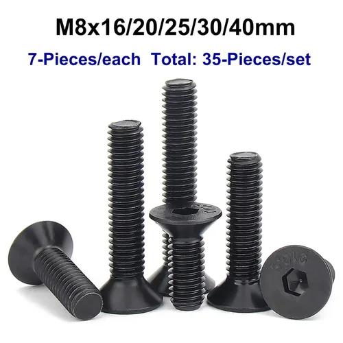 Miniatura 5 de 35 piezas Grado 10.9 Tornillos de cabeza plana de acero de aleación con cabeza hexagonal y zócalo métrico M8 x 16/20/25/30/40mm, juego de tornillos