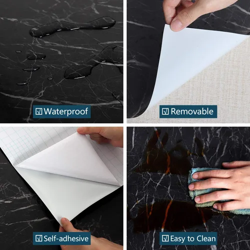 Miniatura 7 de VEELIKE Papel de contacto de mármol negro brillante para encimeras, impermeable, despegar y pegar, papel de contacto autoadhesivo de vinilo de 15.7