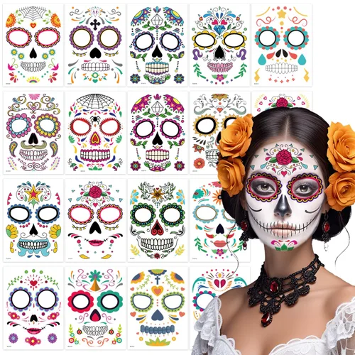 Paquete de 18 tatuajes faciales del Día de los Muertos, kit de maquillaje de calavera de azúcar, máscara de Halloween, calcomanías temporales de