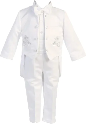 Miniatura 2 de iGilrDress - Cola de cuello mandarín blanco para bautizo y bautizo, 5 piezas, esmoquin con bordado cruzado