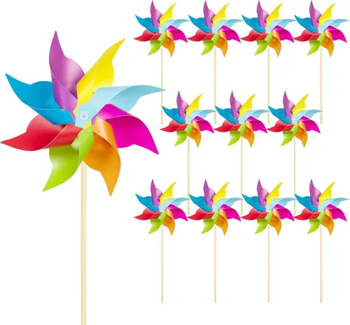 HOOSUN Paquete de 12 Molinillos Arcoíris para Patio y Jardín, Decoraciones Arcoíris para Fiestas de Niños, Molinillos de Viento de Jardín Coloridos