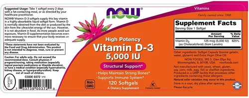 Miniatura 3 de NOW Vitamina D-3 5,000 UI,120 cápsulas blandas