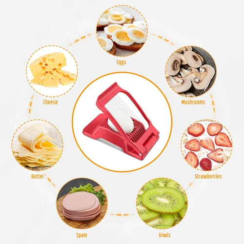 Miniatura 2 de Cortador de huevos para huevos duros, alambre de acero inoxidable, cortador de huevos de aluminio resistente multiusos para huevos, ensaladas, Rojo