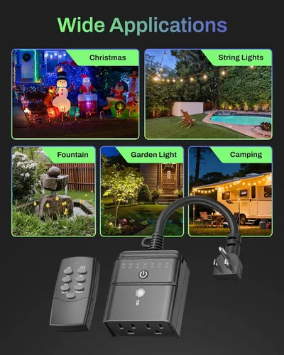 Miniatura 7 de BN-LINK Temporizador para exteriores con control remoto, sensor de luz del atardecer al amanecer, salida de temporizador impermeable enchufable, 2