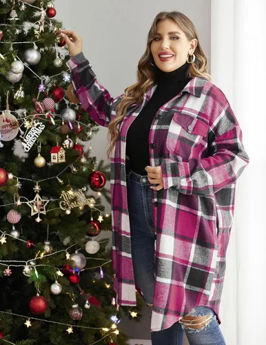 Miniatura 2 de IN'VOLAND Camisas de franela a cuadros de talla grande para mujer, manga larga, con solapa, estilo novio, con botones, chaqueta larga de tartán