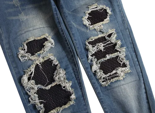 Miniatura 6 de QIMYUM Jeans ajustados para hombre, jeans ajustados rasgados para hombre, jeans de motociclista, elásticos, pantalones de mezclilla de Moto Cargo