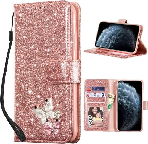 Miniatura 29 de UEEBAI Funda tipo cartera para iPhone 11, funda de piel sintética con purpurina para teléfono, ranuras para tarjetas, funda con función atril