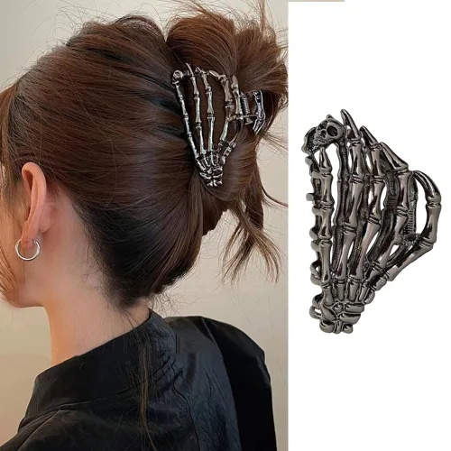 Pinzas de pelo de mano de esqueleto de moda, grandes, sin arrugas, de metal, negro, punk, pasadores para mujeres y niñas, accesorios de peinado de