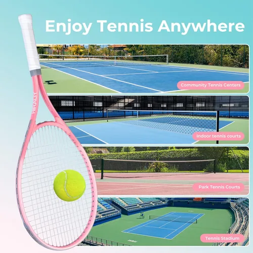 Miniatura 7 de HIRALIY Juego de raquetas de tenis de 27 pulgadas para adultos, raquetas de tenis preencordadas para 2 jugadores, 2 cintas de sobreagarre, 3 pelotas