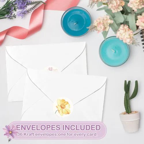 Miniatura 5 de AnyDesign Paquete de 36 tarjetas de agradecimiento florales, tarjetas de felicitación de flores silvestres en acuarela con sobres, calcomanías