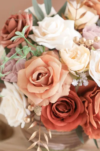 Miniatura 5 de Floroom Flores artificiales de terracota, rosas falsas de color naranja quemado, peonías, dalia, vegetación, caja combinada para bricolaje, ramos