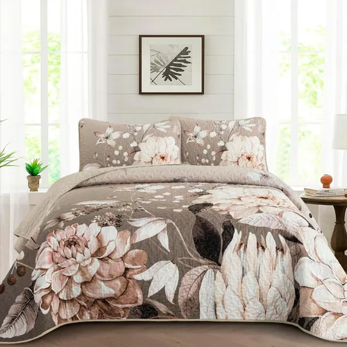 Miniatura 18 de Juego de colcha floral tamaño Queen de 3 piezas, juego de colcha con estampado floral rojo suave de microfibra ligera, cubrecama acolchado negro