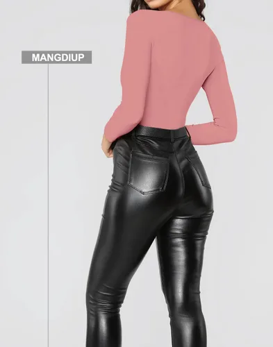 Miniatura 184 de MANGDIUP Body esencial para mujer, cuello redondo, manga larga, ajustado, elástico, de algodón y elastano