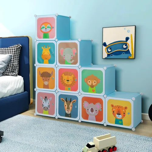 Miniatura 8 de Costzon Armario para Niños, Organizador de Almacenamiento Modular de Tocador de Dibujos Animados DIY con 12 Cubos y 2 Percheros para Colgar Ropa