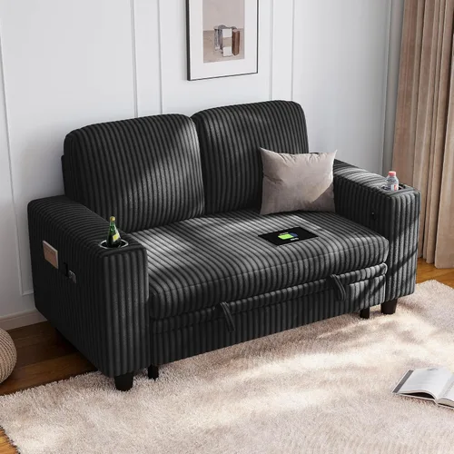 Miniatura 27 de LINSY HOME Sofá cama modular extraíble para sala de estar (beige, sofá cama 1) Sofá cama extraíble, almacenamiento, carga USB, portavasos, pana