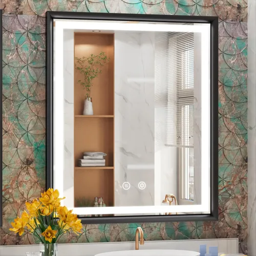Miniatura 9 de Espejo LED de 24 x 32 pulgadas para baño, 3 temperaturas de color (3000 K/4500 K/6000 K), antiniebla, regulable, función de memoria, espejo de baño