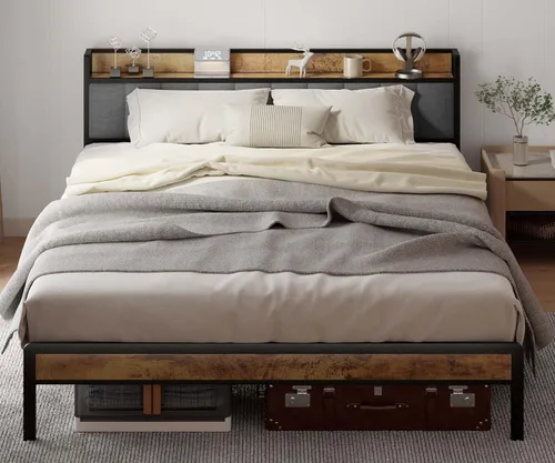 Miniatura 3 de Gizoon Cama de plataforma de metal, marco de cama con cabecera de madera tapizada, sin ruido, no necesita somier, con almacenamiento debajo