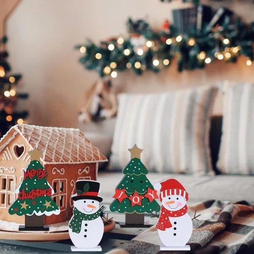 Miniatura 7 de DECSPAS Decoraciones navideñas para interiores, 4 piezas de árboles de Navidad de madera y muñecos de nieve para decoración de mesa de centro
