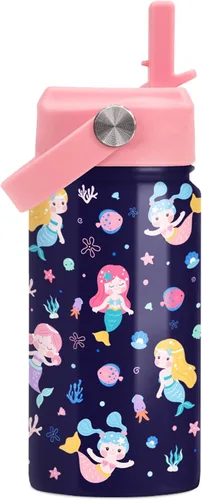 Miniatura 8 de SANDJEST Botella de Agua para Niños con Tapa de Pajita - 12 Oz Botella de Acero Inoxidable Aislada con Dibujo de Animales para Niños y Niñas - Taza