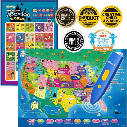 Miniatura 8 de Qiaojoy Mapa Interactivo Bilingüe para Niños Mapa Parlante de EE.UU. Mapa del Mundo para Niños Aprendizaje, Juguetes Juegos de Geografía Mapa