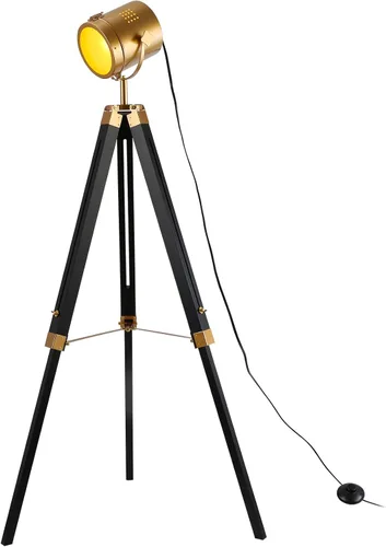 Lámpara de pie con trípode negro industrial para sala de estar, casa de campo, iluminación de latón dorado, lámpara de pie de mediados de siglo con