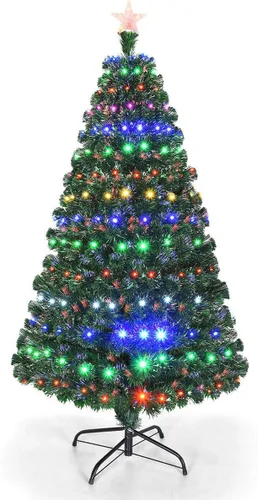 árbol de Navidad artificial con fibra óptica preiluminada, con certificado UL, 8 modos, focos LED multicolores y soporte de metal, de la marca Goplus