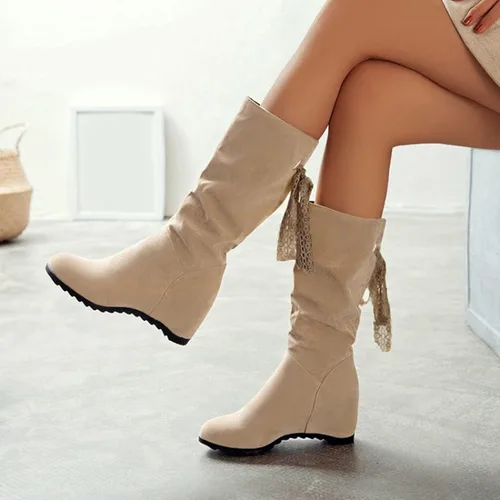 Miniatura 2 de Botas de media pantorrilla para mujer con tacón de cuña con cremallera, estilo clásico, de cuero redondo, cómodas botas vaqueras occidentales